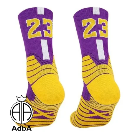 Medias de compresion deportiva para basquet violeta y amarilla N 23